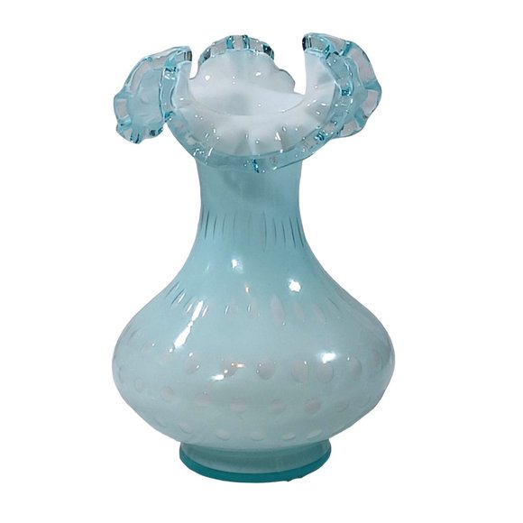 FENTON AQUA POWDER BLUE BUBBLE OPTIC FLUTED TOP CRESTED OVERLAY VASE RUFFLED - Picture 9 of 11